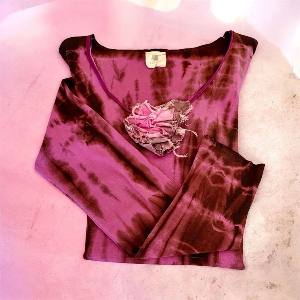 Tie Dye LS Designer Tee with Rosebud Detail Cotton, Fuscia Brown SZ M 💗🤎